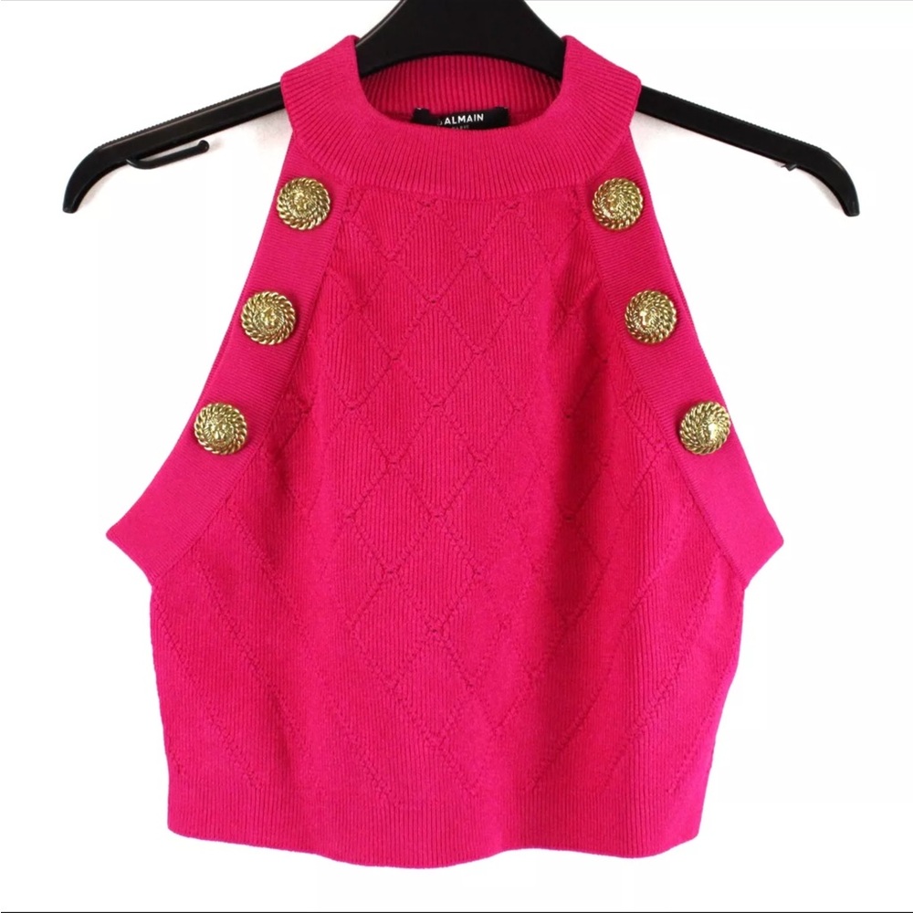 Balmain Six-Button (Gold) Sleeveless Knit Crop Top in Fuchsia; FR 44  US 12